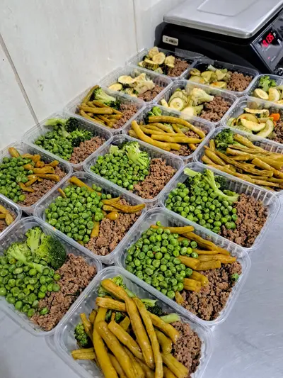 Porções de carne moída com ervilha, vagem e brócolis organizadas em potes